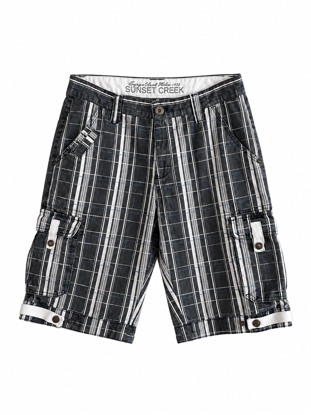 Black White & Blue Plaid Cargo Shorts with Snap Details – Size 32 EUC/Like New